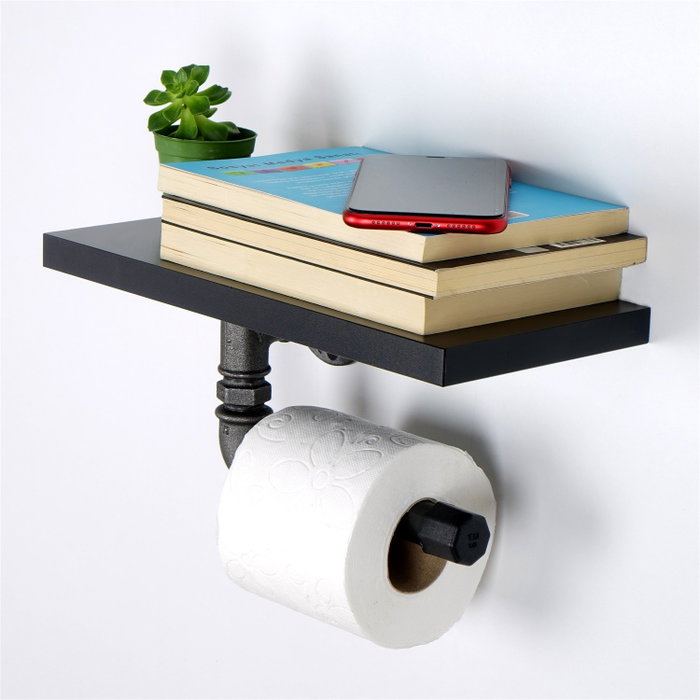 Hanah Home Boruraf239 Portarrollos de Papel Higiénico MDF Negro y Plata Montaje en Pared 30x12x23 cm
